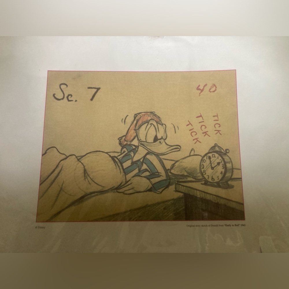 Disney Original Story Sketch of Donald from “ Early to Bed “ 1941. In plastic